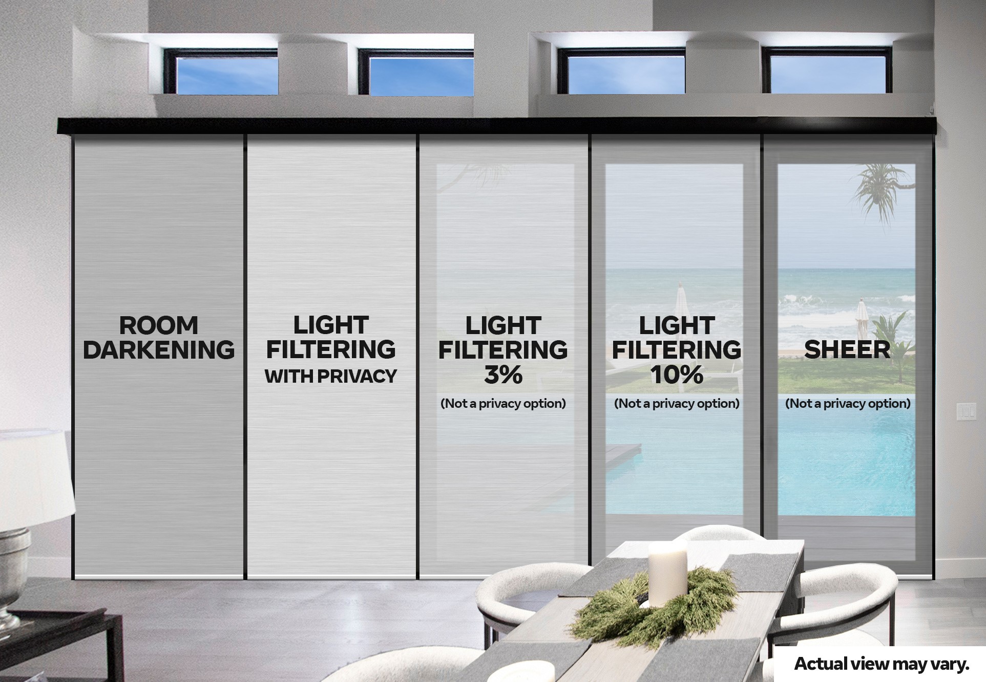 Sunburst’s Sun Shade line comes in a variety of light filtering options from sheer to room darkening. a variety of shade opacities